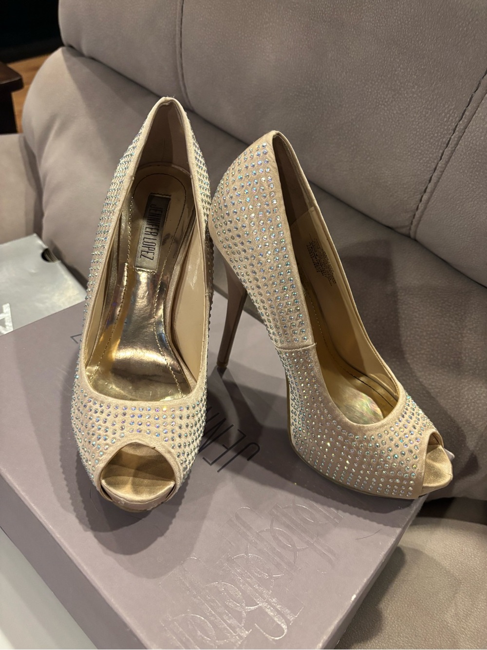Jennifer Lopez Champagne Crystal Peep-Toe Heels
